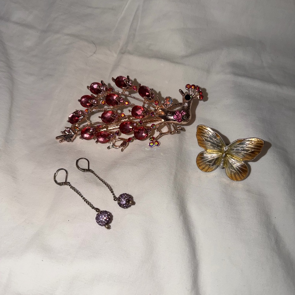 Statement Jewelry Bundle Peacock Hair Clip Butterfly Ring Purple Drop Earrings